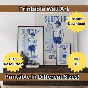 Retro Cowboy Poster Vintage Western Wall Art Wild West Print Coastal Cowboy Art Surfing Home Decor Surf&#39;s Up Cowboy Digital Download 1 Print