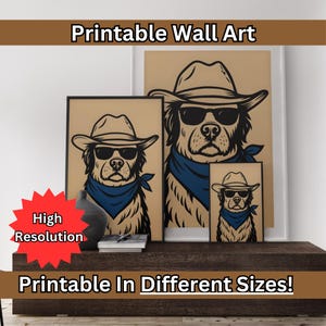cowboy dog black art print, retro print, vintage art, blue wall art dog, western dog print, trendy decor, digital download, art dog
