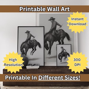 Impressão artística de cowboy Bucking Bronco: decoração retrô de parede ocidental (download digital)