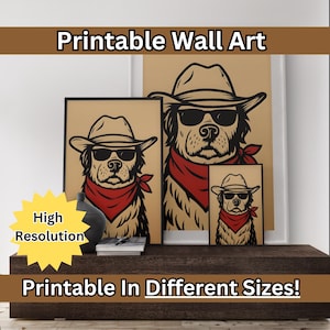 cowboy dog black art print, retro print, vintage art, blue wall art dog, western dog print, trendy decor, digital download, art dog