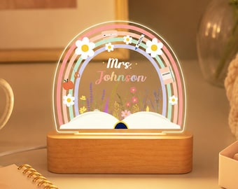 Lámpara nocturna arcoíris para profesores, lámpara LED acrílica personalizada con el nombre del profesor, decoración floral para el aula, regalo de agradecimiento para profesores, recuerdo para el escritorio escolar.