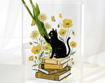 Books & Black Cat Book Vase, Acrylic Book Vase, Charming Black Cat, Yellow Flowers Design, Stacked Books, Gift For Book Lovers, Cat Admirers