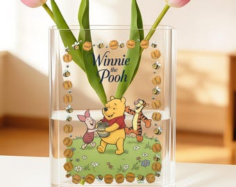 Jarrón acrílico con forma de libro, diseño de "Winnie the Pooh", jarrón personalizado para flores, arte de Pooh y sus amigos, decoración original para el hogar, regalo perfecto para niños.