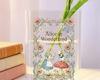 Jarrón acrílico con forma de libro, diseño de "Alicia en el País de las Maravillas", decoración acogedora para el hogar, con escena de hongos y marco floral, regalo para amantes de la lectura y la fantasía.