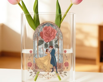 Jarrón acrílico con forma de libro, diseño de "La Bella y la Bestia", jarrón transparente para flores, arte literario romántico, decoración acogedora para el hogar, regalo para lectores románticos.