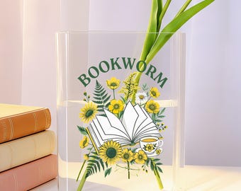 Jarrón con forma de libro, jarrón de acrílico para flores, decoración personalizada para el hogar, arte de libro abierto y girasoles, estética literaria, regalo para amantes de la literatura.