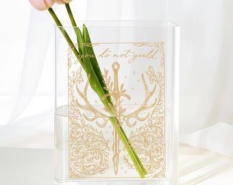 Jarrón acrílico con forma de libro, cita inspiradora "No te rindas", jarrón para flores, elegante diseño de espada, decoración literaria para el hogar, regalo para mujeres empoderadas.