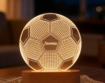 Lámpara de noche acrílica personalizada con diseño de fútbol: lámpara con nombre personalizado para niño, luz con temática deportiva, regalo perfecto para amantes del fútbol y aficionados al deporte.