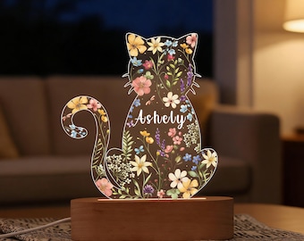 Lámpara de noche personalizada con diseño de gato, lámpara de noche floral con gatitos, lámpara acrílica con nombre personalizado, decoración para la habitación del bebé, regalo elegante para niñas, regalo para baby shower.