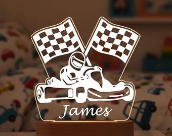 Racing Car Night Light With Checkered Flags, Night Light For Boys - Custom Name LED Night Lamp, Kids Room Decor, Gifts For Race Car Lover