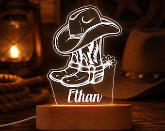 Lámpara de noche acrílica personalizada con forma de botas de vaquero, lámpara LED western con nombre personalizado, decoración de sombrero de vaquero, luz para dormitorio campestre, decoración de habitación, regalo de rodeo