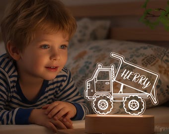 Lámpara de noche con forma de camión volquete – Lámpara LED personalizada con nombre, decoración para habitación infantil, simpático vehículo de construcción, luz tenue, regalo perfecto para niños