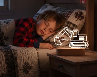 Lámpara de noche de excavadora personalizada para niños: lámpara LED con nombre personalizado, decoración infantil, regalo perfecto para dormitorio infantil, luz de noche para mesita de noche.