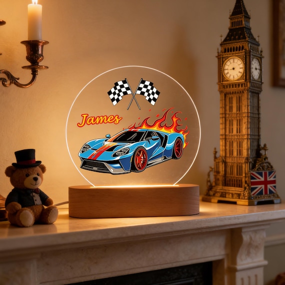 Racing Car Night Light, Perfect Gift For Boys, Personalised Acrylic Desk Lamp, Warm Ambiance Light, Custom LED Lamp For Kids, Car Lover Gift