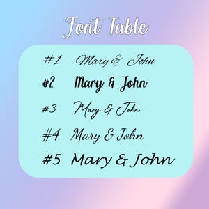Puede incluir: Un gr&aacute;fico azul claro con las palabras "Font Table" en escritura cursiva. Debajo, cinco estilos de fuente diferentes muestran los nombres "Mary & John" con los n&uacute;meros 1 al 5. El fondo tiene un degradado de azul, morado y rosa.