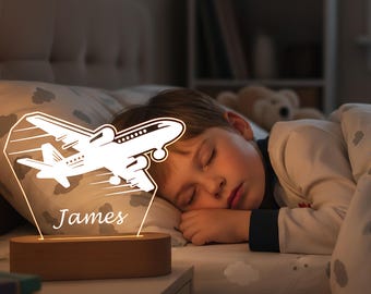 Luz de noche de avión personalizada, lámpara LED de noche con nombre personalizado, decoración con temática de avión, regalo perfecto para dormitorio infantil, luz de noche para mesita de noche.