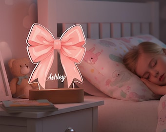 Pink Bow LED Night Light – Custom Name Table Lamp, Cute Decor For Girls' Rooms, Soft Glow Nursery Decor, Baby Room Night Light, Girl Gifts