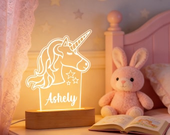 Lámpara de noche de unicornio: lámpara de mesa con nombre personalizado, regalo mágico para niñas, lámpara de noche acrílica, decoración de habitación infantil con brillo suave, luz nocturna con temática de fantasía