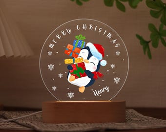 Lámpara de noche navideña con forma de pingüino, lámpara personalizada con nombre, decoración para habitación infantil, adorable pingüino con regalos, decoración navideña original, lámpara de noche acrílica