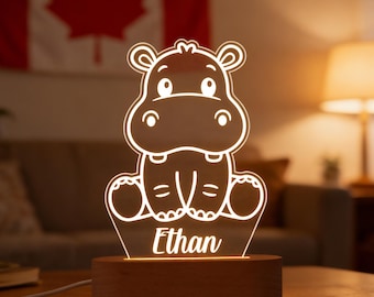 Lámpara de noche con forma de hipopótamo: lámpara de mesa con nombre personalizado, adorable lámpara LED para dormitorio infantil, regalo para baby shower, regalo para niños, lámpara de brillo suave.