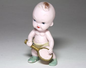 Vintage Bisque Baby Doll Figurine with Tennis Racquet - Made in Japan - circa 1930's