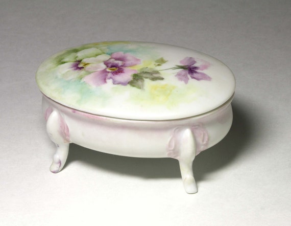 Vintage Porcelain  Floral Trinket Box Hand Painte… - image 1