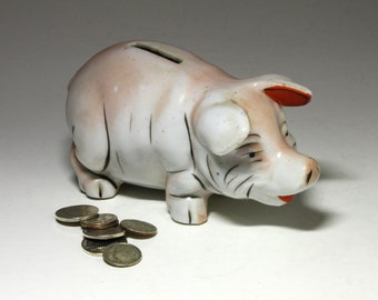 Vintage Pink and White Porcelain Piggy Bank - Made in Japan - circa 1940's