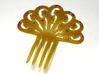 Vintage Light Tan Transparent Celluloid Fan Hair Comb - circa 1920