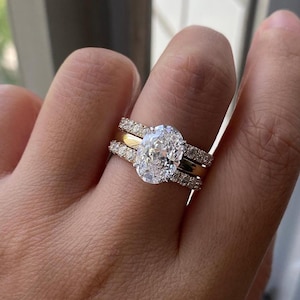 3ct oval igi lab grown diamond hidden halo ring set 14k yellow gold bridal set