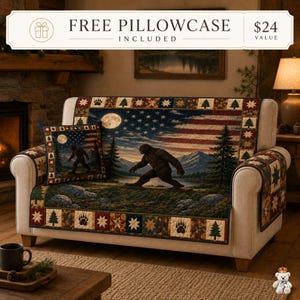 Bunt Gesteppter Sofabezug, Gesteppter Sofaüberzug, Americana-Flaggen-Couchbezug, Moonlit Forest Slipcover, Sasquatch-Sofaschutz, USALiving Room Decor