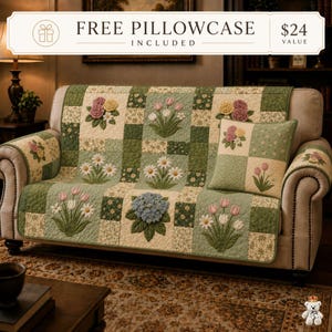 Green Floral Quilted Sofa Cover, Cottagecore Couch Cover, Vintage Flower Slipcover, Patchwork Sofa Protector, Floral PlaidLiving Room Decor
