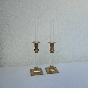 Vintage tall brass and lucite candlesticks holders ambiance home decor, mid century modern, mcm, boho, regency, mantel decor tablescape gift
