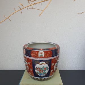 Vintage large Chinese porcelain fishbowl Imari style planter cache pot - jardiniere chinoiserie pot blue red asian decor bowl gift for home