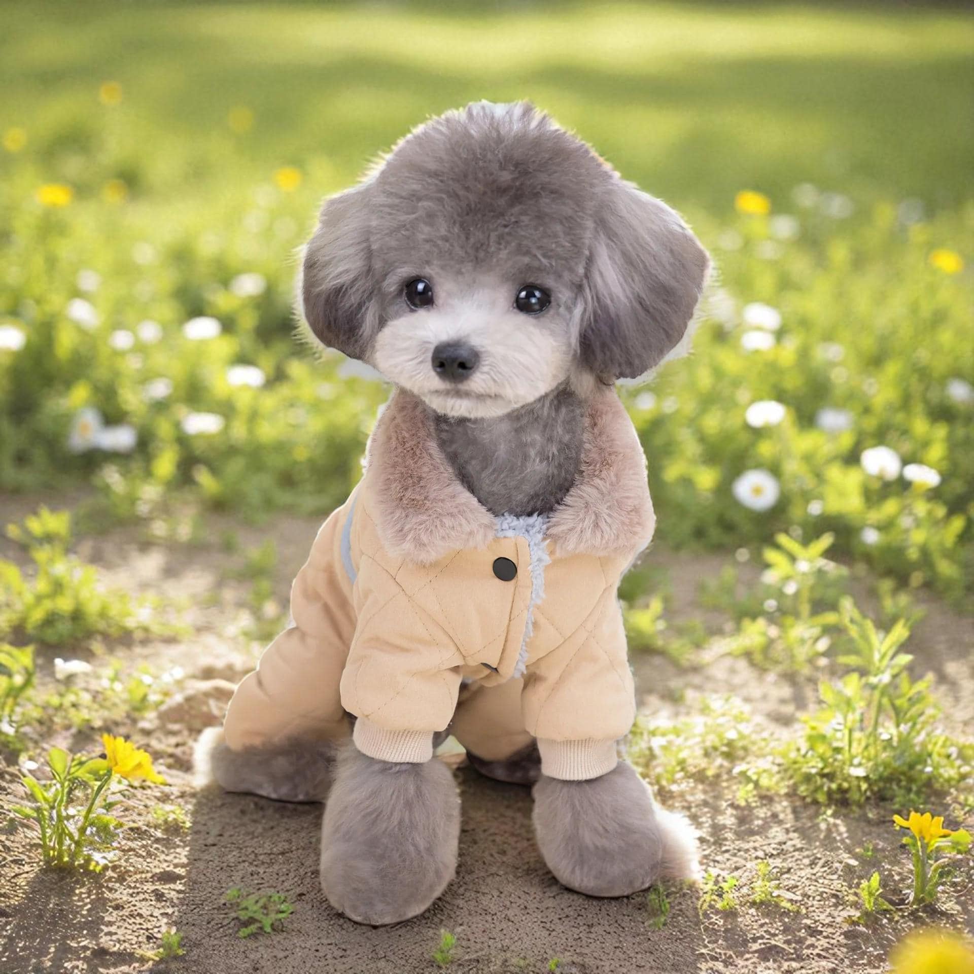 epine poodle fur coat gray check pants｜Standard Poodle Dog Winter