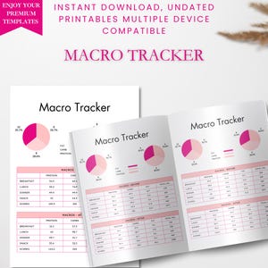 May include: A macro tracker with pink pie charts and tables. The text "Macro Tracker" is displayed prominently. The tracker includes sections for macros before and after meals, with space for recording protein, carbs, and fat intake. The design is clean and organized.