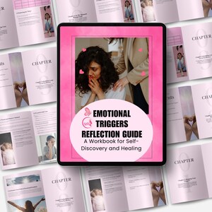 May include: A pink and white workbook titled "Emotional Triggers Reflection Guide" with the subtitle "A Workbook for Self-Discovery and Healing." The cover features a woman and the pages are open.