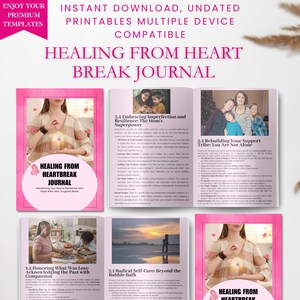 Può includere: Un diario digitale intitolato "Healing From Heartbreak Journal" con copertina rosa e pagine interne. La copertina presenta una donna e il testo "Healing From Heartbreak Journal". Il diario è progettato per la resilienza e la speranza.
