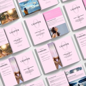 Puede incluir: Una colecci&oacute;n de libros abiertos con cubiertas rosas y p&aacute;ginas blancas. Cada libro muestra la palabra &laquo;CAP&Iacute;TULO&raquo; en una fuente grande, junto con los t&iacute;tulos de los cap&iacute;tulos y las im&aacute;genes. El dise&ntilde;o sugiere un tema de autoayuda o inspiraci&oacute;n.