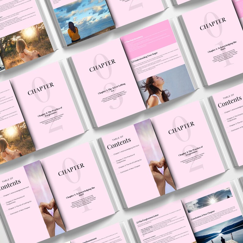 Puede incluir: Una colecci&oacute;n de libros abiertos con cubiertas rosas y p&aacute;ginas blancas. Cada libro muestra la palabra &laquo;CAP&Iacute;TULO&raquo; en una fuente grande, junto con los t&iacute;tulos de los cap&iacute;tulos y las im&aacute;genes. El dise&ntilde;o sugiere un tema de autoayuda o inspiraci&oacute;n.