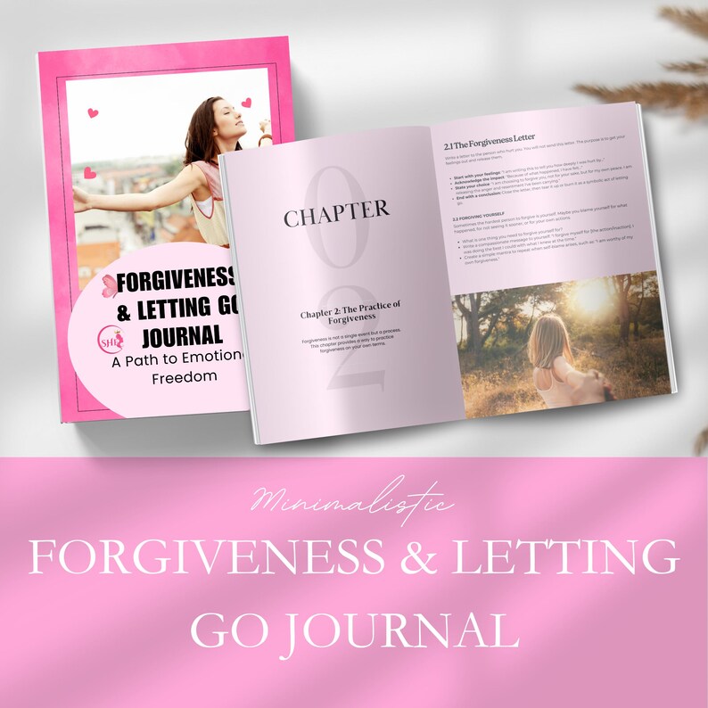 Puede incluir: Un diario rosa titulado "FORGIVENESS & LETTING GO JOURNAL" con una foto de una mujer en la portada. El diario abierto muestra el t&iacute;tulo del cap&iacute;tulo "Cap&iacute;tulo 2: La pr&aacute;ctica del perd&oacute;n" y una foto de una mujer en un campo.