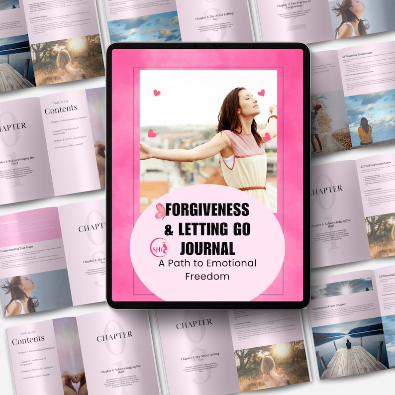 Puede incluir: Un diario digital titulado "FORGIVENESS & LETTING GO JOURNAL" con un borde rosa, que presenta a una mujer con los brazos extendidos. Alrededor del diario hay p&aacute;ginas abiertas con texto e im&aacute;genes, incluida una tabla de contenido. El subt&iacute;tulo del diario es "A Path to Emotional Freedom."