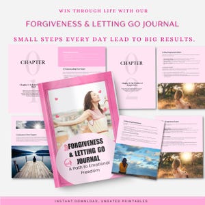 Puede incluir: Un diario rosa titulado "Forgiveness & Letting Go Journal" con una mujer en la portada. El diario est&aacute; rodeado de p&aacute;ginas con t&iacute;tulos de cap&iacute;tulos e im&aacute;genes. El texto incluye "Win Through Life With Our" y "Small Steps Every Day Lead to Big Results."