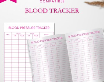 May include: A white blood pressure tracker with pink text and lines. The text includes "Blood Tracker" and "Blood Pressure Tracker." The tracker is designed for morning and evening readings, with spaces for date, BP, pulse, and notes. The image also includes the text "Instant Download, Undated Printables Multiple Device Compatible."