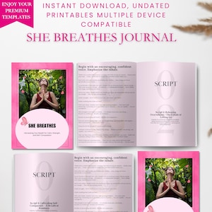 Könnte beinhalten: Ein rosa-weißes Journal mit dem Titel "SHE BREATHES JOURNAL" mit dem Text "SOFORT-DOWNLOAD, UNDATIERT DRUCKBARES MATERIAL FÜR MEHRERE GERÄTE KOMPATIBEL." Das Journal enthält Bilder einer meditierenden Frau und Skriptseiten.