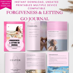 Puede incluir: Un diario rosa titulado "Forgiveness & Letting Go Journal" con el subt&iacute;tulo "A Path to Emotional Freedom". El diario est&aacute; abierto, mostrando p&aacute;ginas de contenido. La portada presenta a una mujer con los brazos extendidos. El texto en la parte superior dice "Descarga instant&aacute;nea, imprimibles sin fecha".