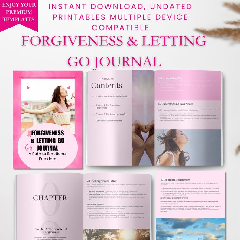 Puede incluir: Un diario rosa titulado "Forgiveness & Letting Go Journal" con el subt&iacute;tulo "A Path to Emotional Freedom". El diario est&aacute; abierto, mostrando p&aacute;ginas de contenido. La portada presenta a una mujer con los brazos extendidos. El texto en la parte superior dice "Descarga instant&aacute;nea, imprimibles sin fecha".