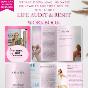 May include: An open Life Audit & Reset Workbook, a guide to intentional living, is shown. The cover, in pink and white, features a woman and the title. The workbook helps users evaluate their lives and set goals for a more fulfilling life.