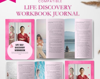 May include: A pink workbook with the title "Life Discovery Workbook Journal" is open to reveal interior pages. The cover features a woman in a red top. The workbook is designed for self-discovery and personal growth.
