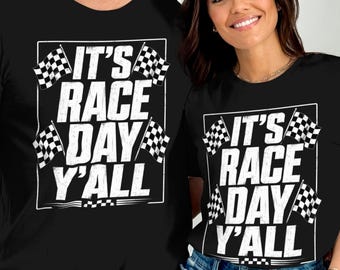レースデーシャツ、チェッカーフラッグTシャツ、ユニセックスカーシャツ、NASCARファンへのギフト、It's Race Day Y'allシャツTシャツ、レーシングギフトグラフィックTシャツ