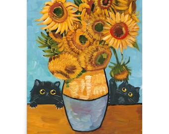 Cat and van gogh's sunflowers, cat eating flowers, bad cat, cat